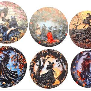 Autumn Witch Cork Coasters, Set of 6, Gothic Fall Fantasy, Home Decor Round Mats
